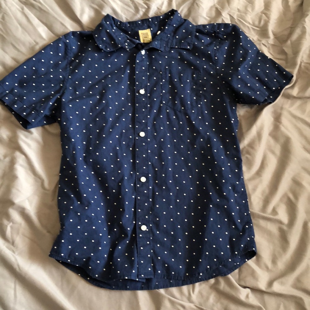Navy dress shirt with white polka dots